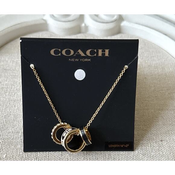 Coach Multi-Ring Pendant Necklace Gold Cream Black Enamel Crystal NWT 16”+2” - Picture 2 of 10